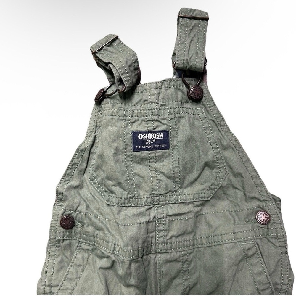 Oshkosh B’gosh Green Khaki Overalls Plaid Lining Size 18-24 Months - Picture 3 of 4